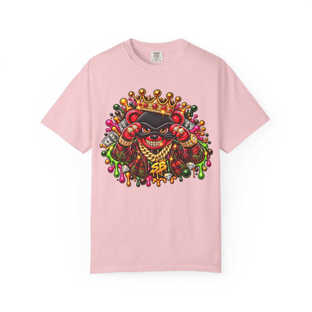 Unisex Garment-Dyed T-shirt-RED&GOLD CROWN MASK LOGO MONEY GLOCK -SCUMMIEBEARZ™