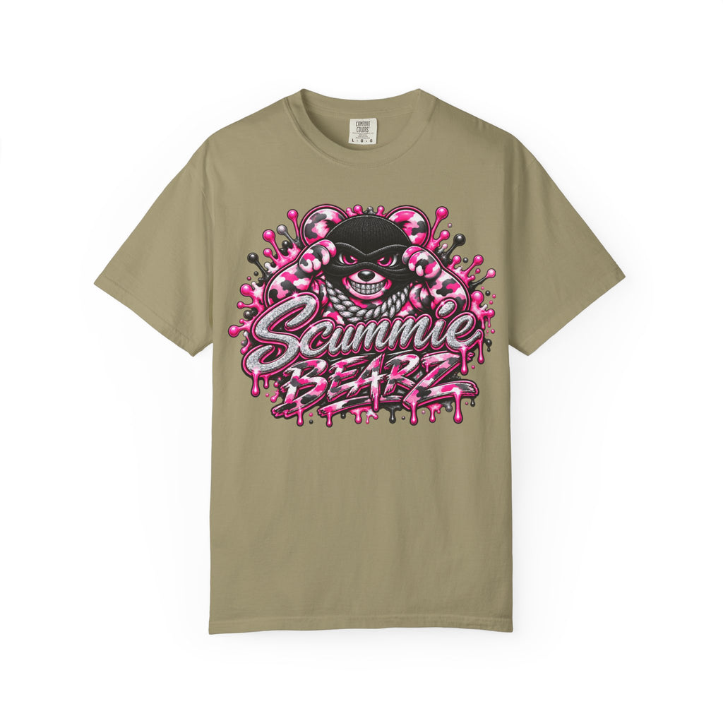 Unisex Garment-Dyed T-shirt-PINK CAMO MASK LOGO GLOCK -SCUMMIEBEARZ™