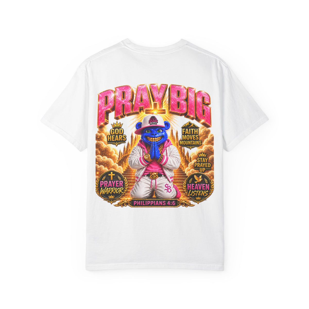 Unisex Garment-Dyed T-shirt-BLUE&PINK CROWN MASK LOGO PRAY BIG -SCUMMIEBEARZ™