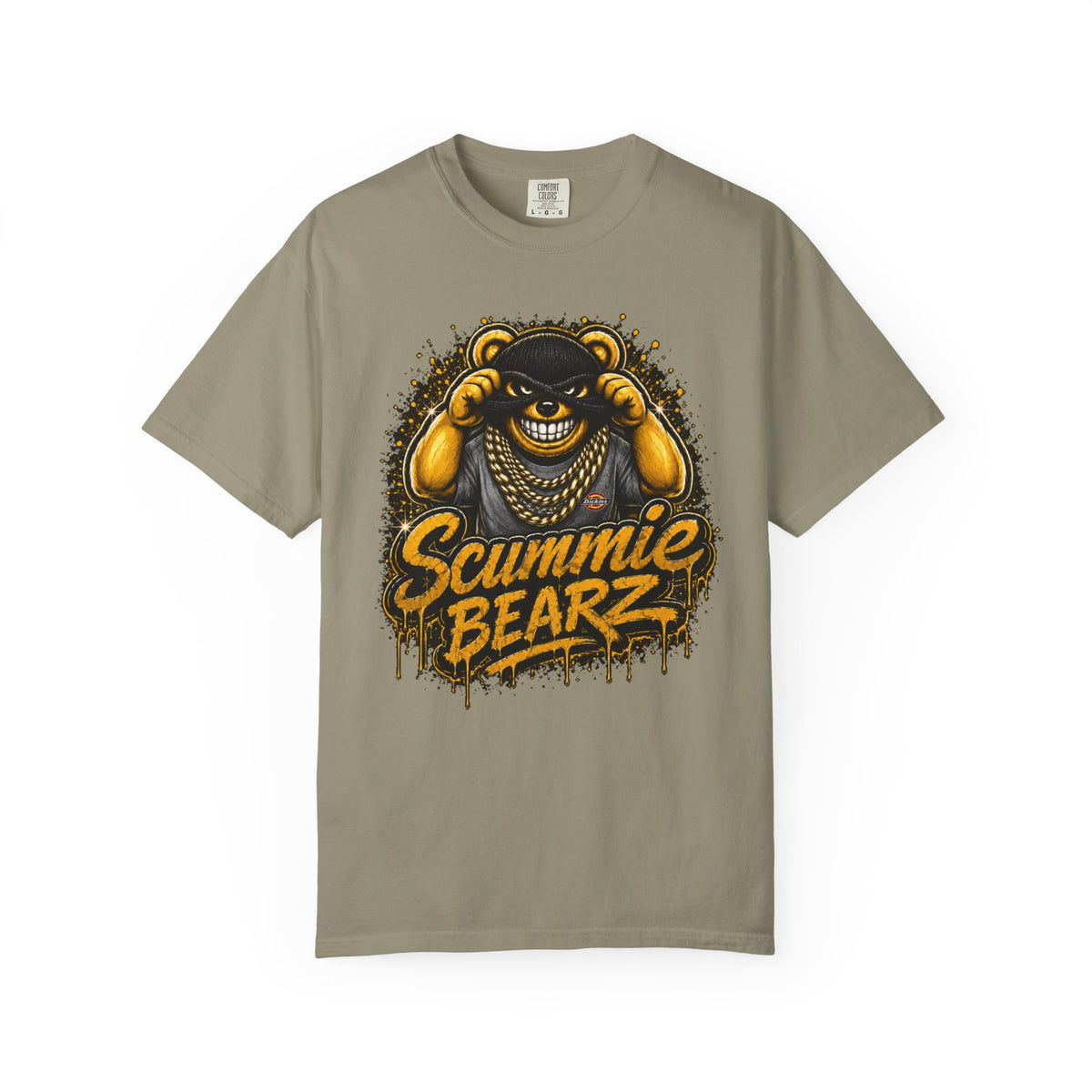 Unisex Garment-Dyed T-shirt-GOLD MASK LOGO & BANK HEIST GRAPHIC DESIGN -SCUMMIEBEARZ™