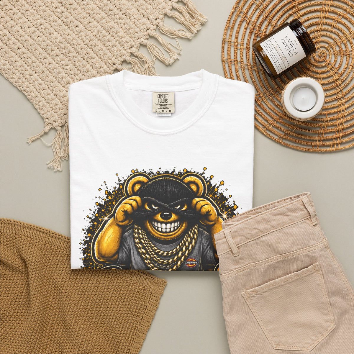 Unisex Garment-Dyed T-shirt-GOLD MASK LOGO & BANK HEIST GRAPHIC DESIGN -SCUMMIEBEARZ™