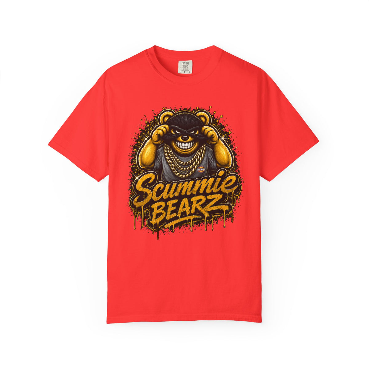 Unisex Garment-Dyed T-shirt-GOLD MASK LOGO & BANK HEIST GRAPHIC DESIGN -SCUMMIEBEARZ™