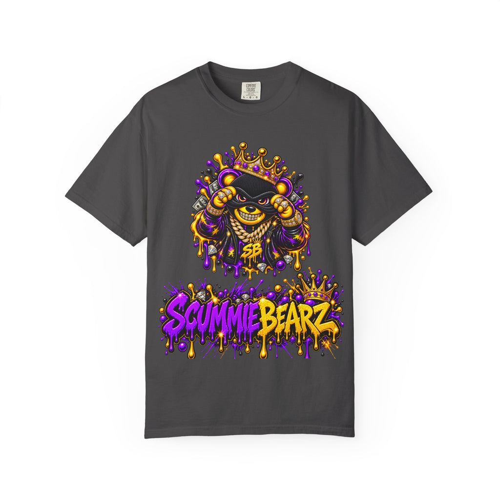Unisex Garment-Dyed T-shirt-PURPLE&GOLD CROWN MASK LOGO GET SERVED CROWN SB LOGO-SCUMMIEBEARZ™