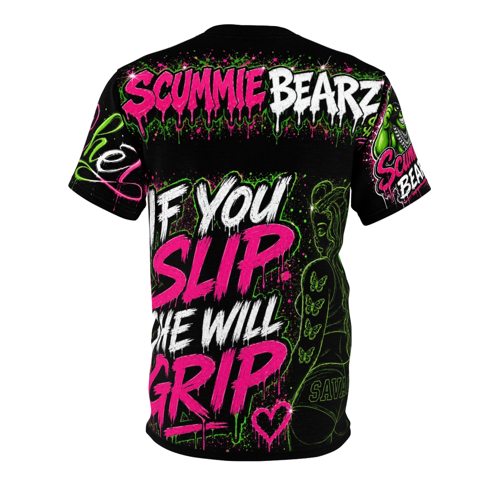 SCUMMIEBEARZ  SEXY BUT SAVAGE – IF YOU SLIP SHE WILL GRIP GREEN AOP EDITION Unisex Women’s Tee