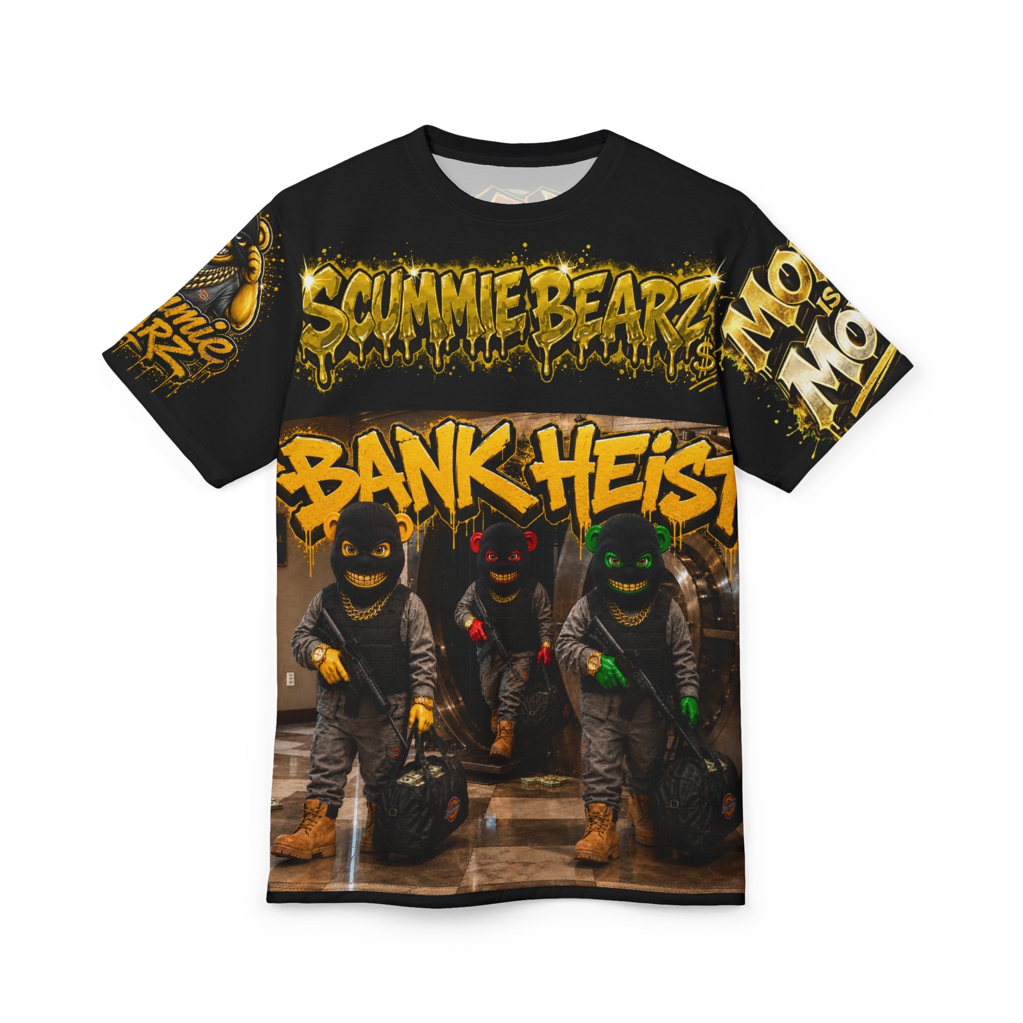 SCUMMIEBEARZ BANK HEIST — Money Is the Motive AOP Edition Unisex Streetwear Tee