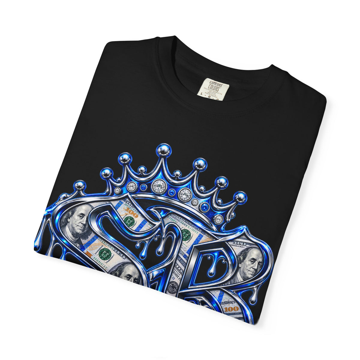 Unisex Garment-Dyed T-shirt-BLUE CROWN MASK LOGO PAPER CHASER MONEY IS THE MOTIVE-SCUMMIEBEARZ™