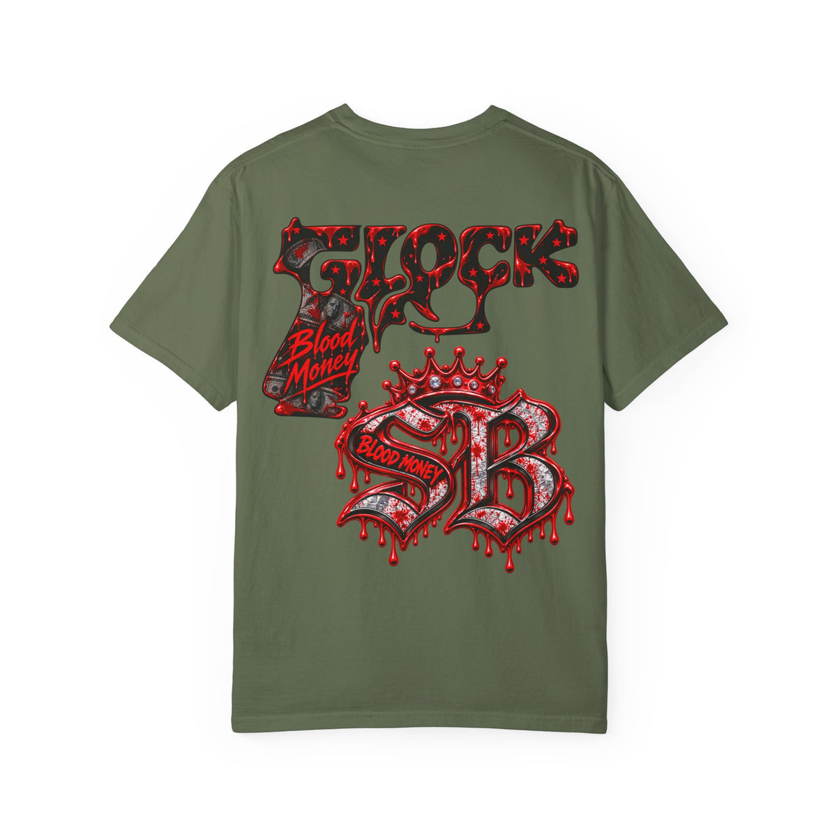 Unisex Garment-Dyed T-SHIRT-BLOOD MONEY GLOCK/SB LOGO/MASK LOGO-SCUMMIEBEARZ™