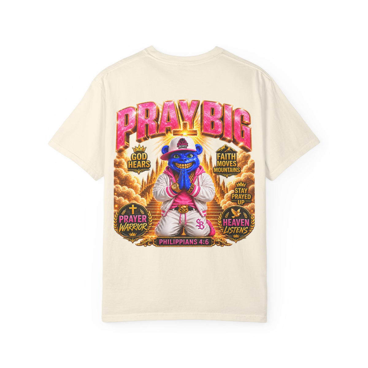 Unisex Garment-Dyed T-shirt-BLUE&PINK CROWN MASK LOGO PRAY BIG -SCUMMIEBEARZ™