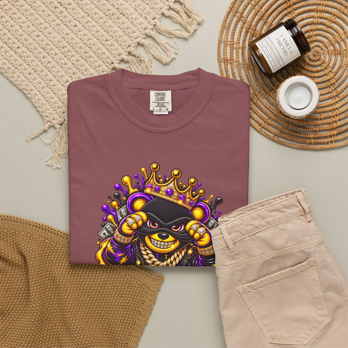 Unisex Garment-Dyed T-shirt-PURPLE&GOLD CROWN MASK LOGO GET SERVED CROWN SB LOGO-SCUMMIEBEARZ™