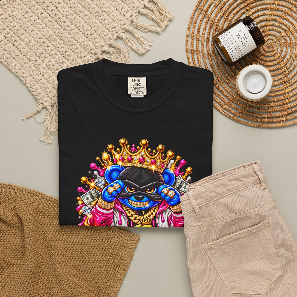 Unisex Garment-Dyed T-shirt-BLUE&PINK CROWN MASK LOGO PRAY BIG -SCUMMIEBEARZ™