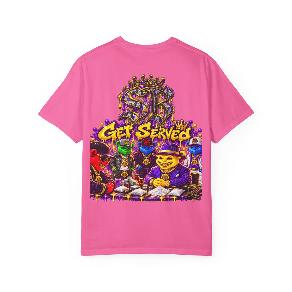 Unisex Garment-Dyed T-shirt-PURPLE&GOLD CROWN MASK LOGO GET SERVED CROWN SB LOGO-SCUMMIEBEARZ™