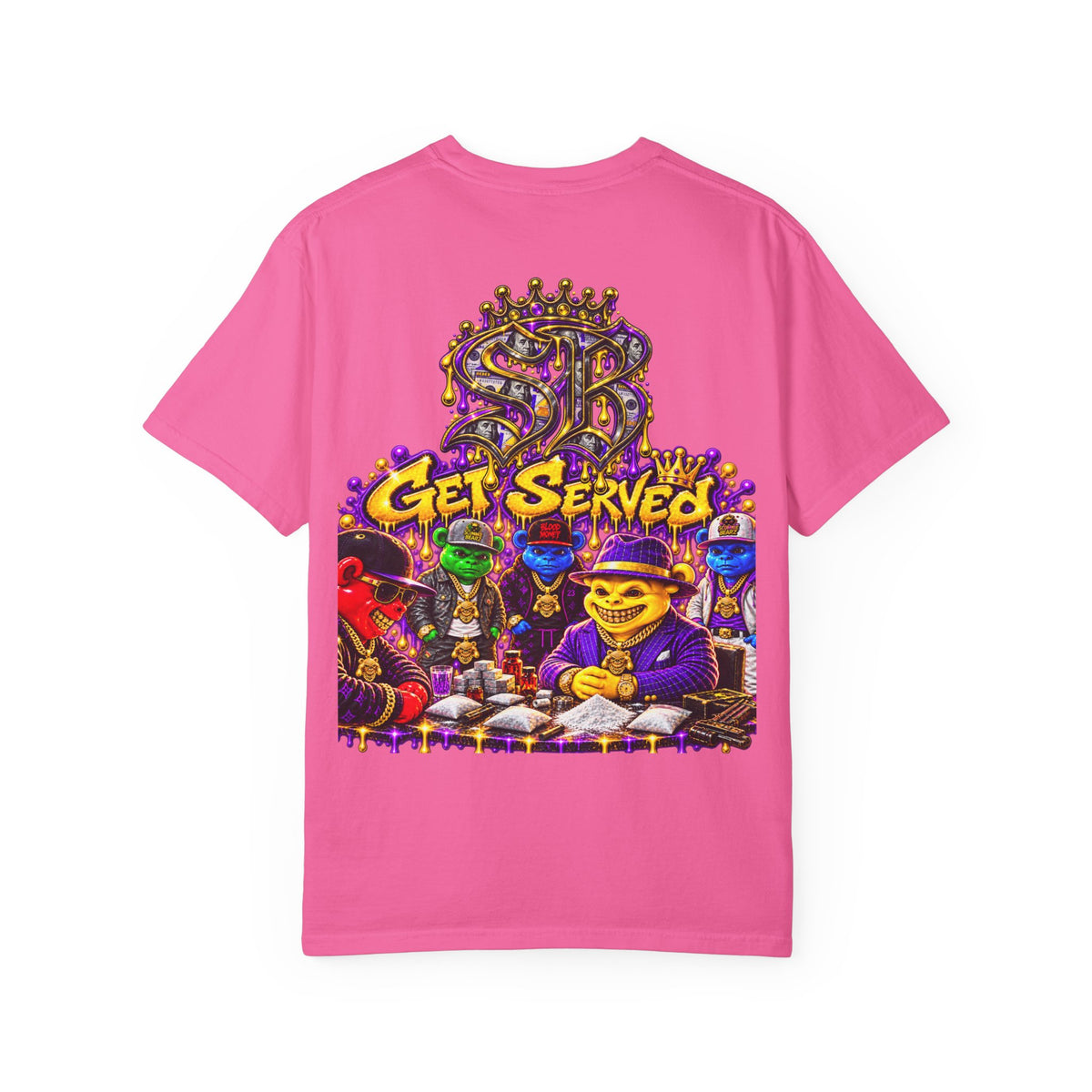 Unisex Garment-Dyed T-shirt-PURPLE&GOLD CROWN MASK LOGO GET SERVED CROWN SB LOGO-SCUMMIEBEARZ™