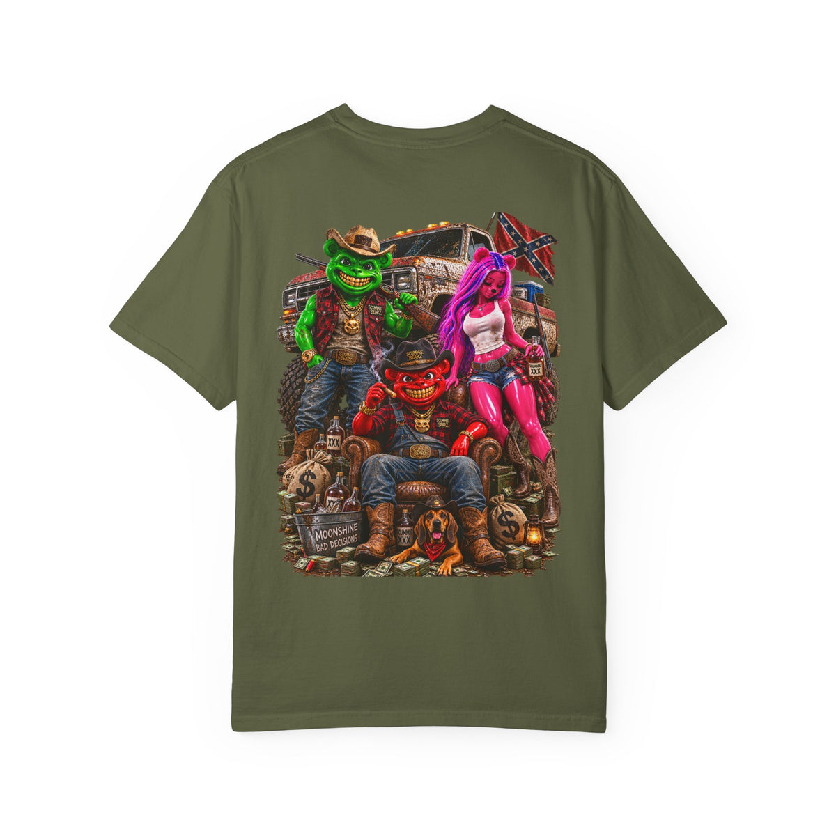 Unisex Garment-Dyed T-shirt-RED CROWN MASK LOGO HILLBILLY -SCUMMIEBEARZ™