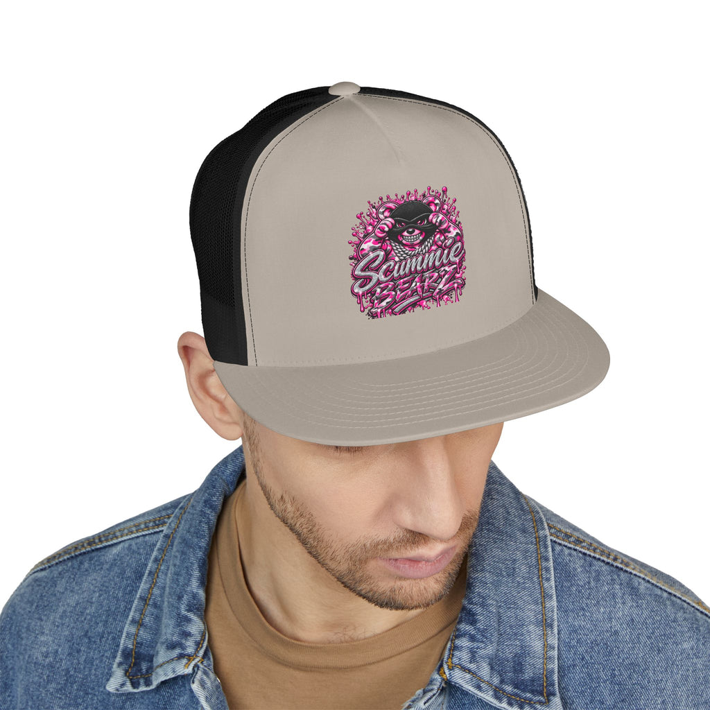 5 Panel Trucker Cap-PINK CAMOUFLAGE WITH SILVER MASK LOGO-SCUMMIEBEARZ™