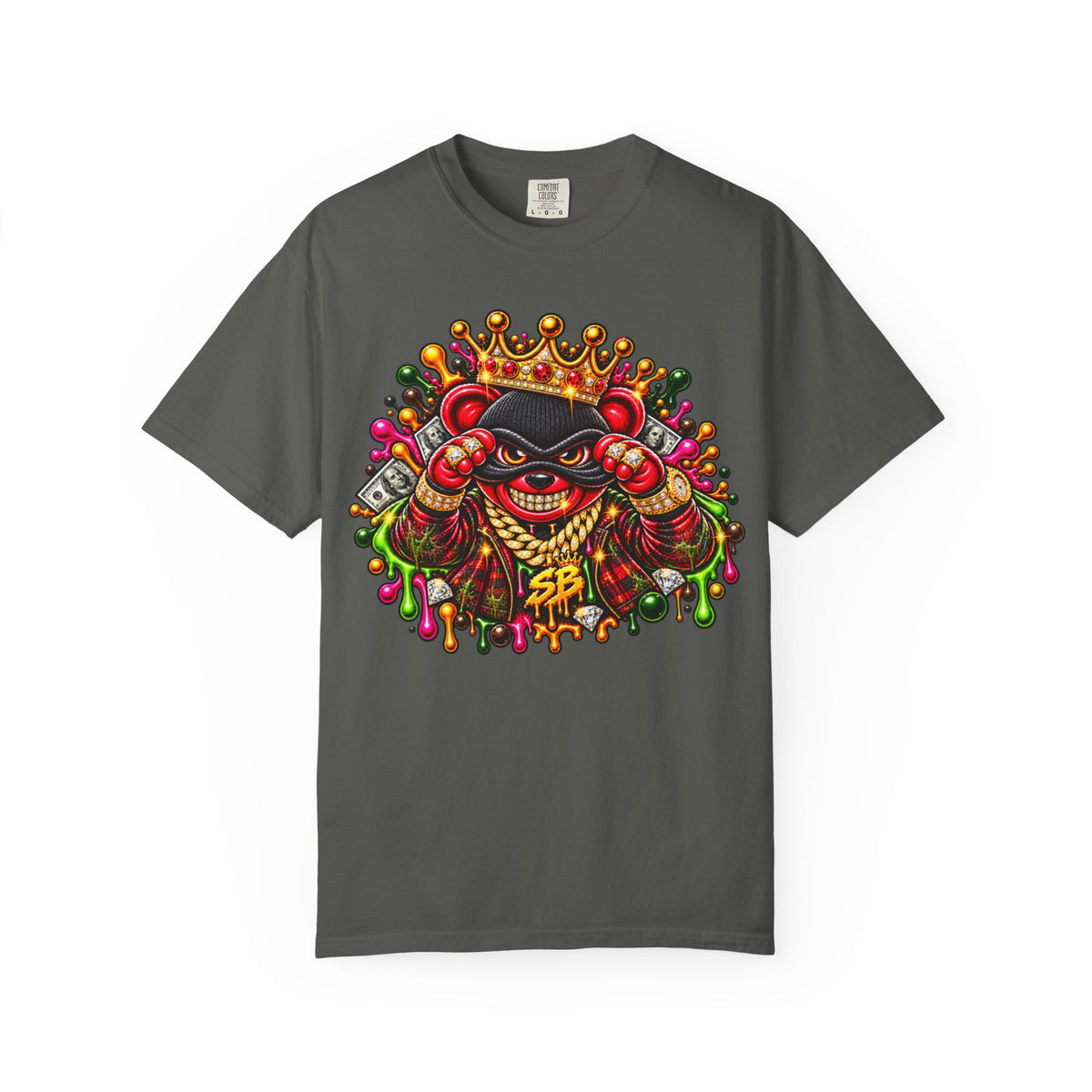 Unisex Garment-Dyed T-shirt-RED&GOLD CROWN MASK LOGO MONEY GLOCK -SCUMMIEBEARZ™