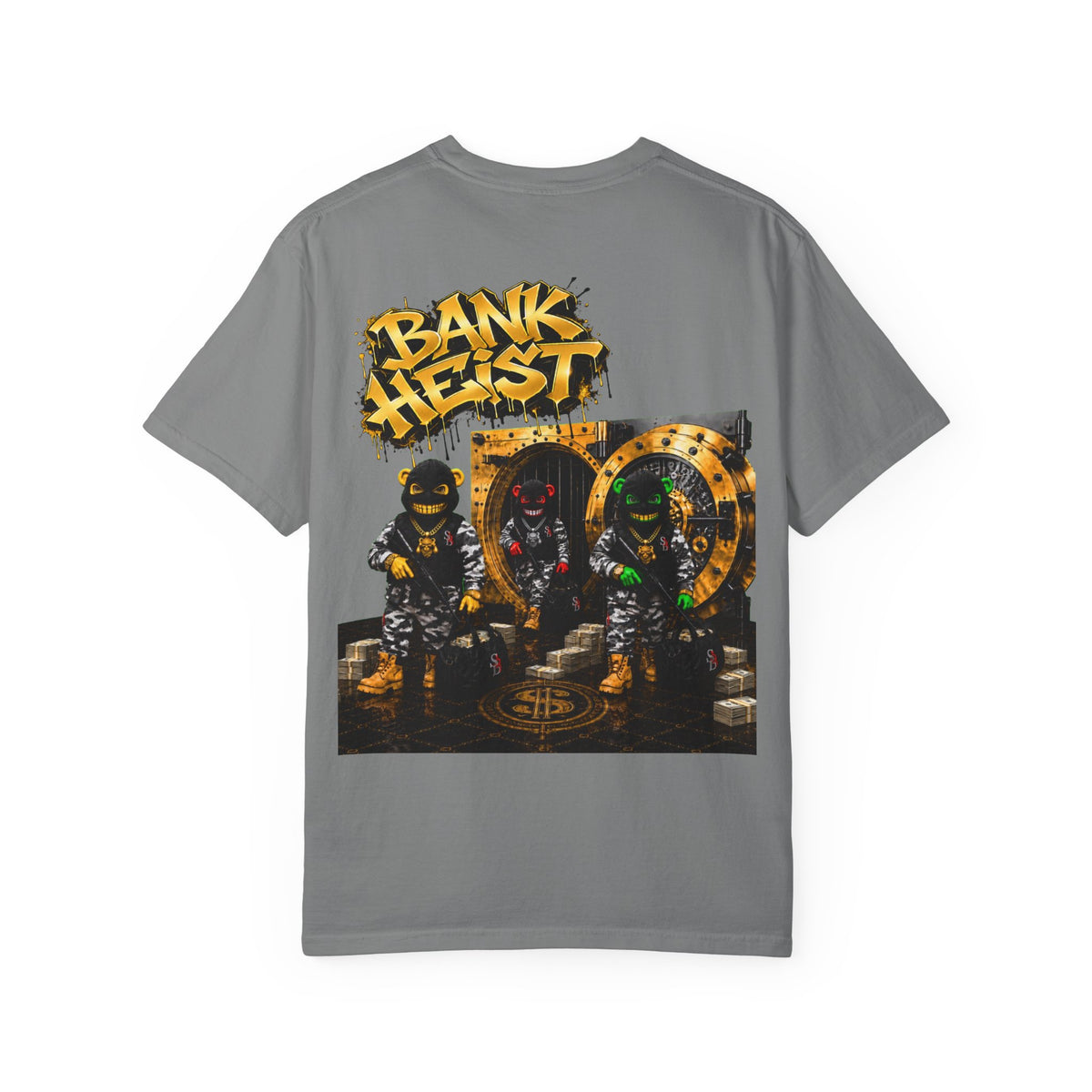 Unisex Garment-Dyed T-shirt-GOLD MASK LOGO & BANK HEIST GRAPHIC DESIGN -SCUMMIEBEARZ™
