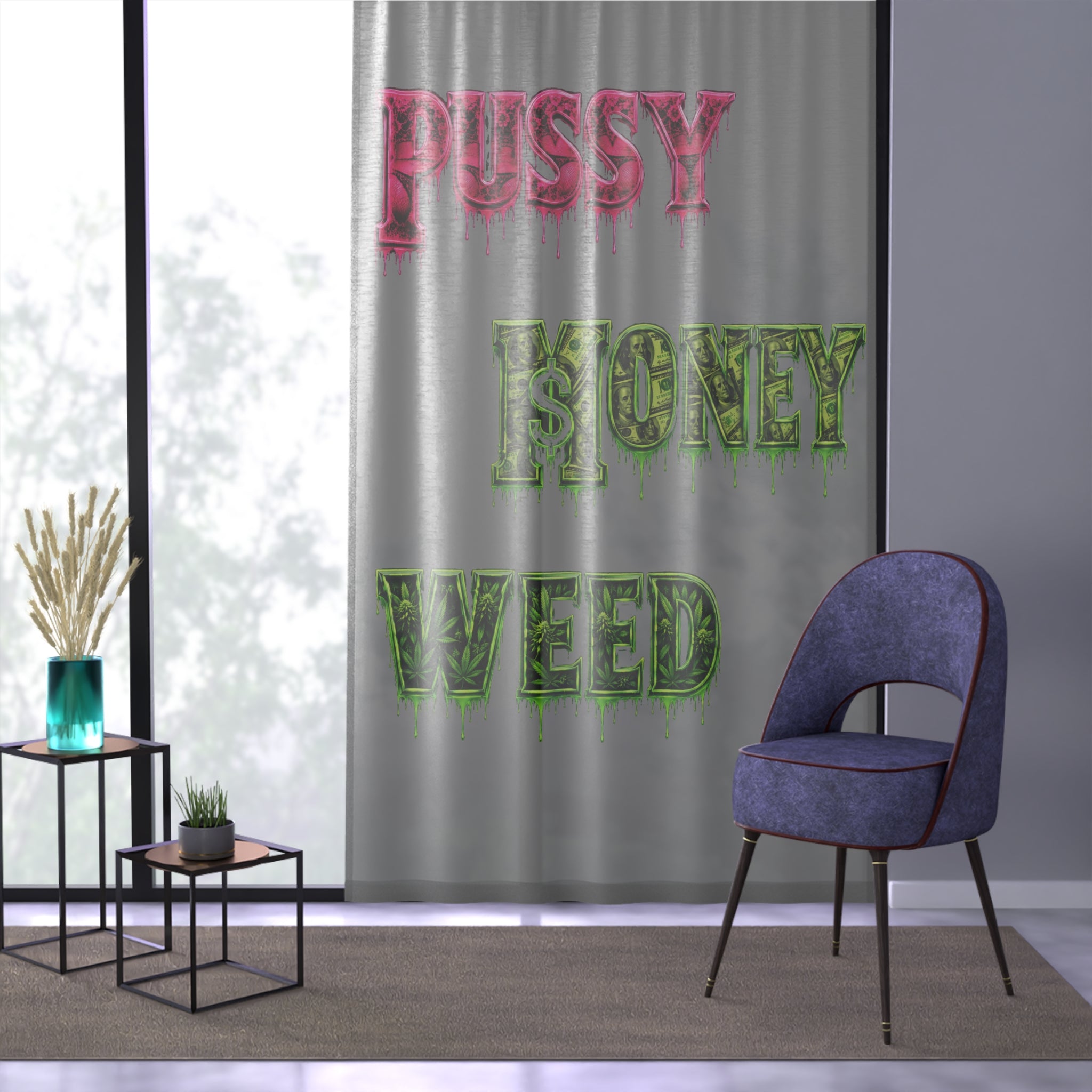 Window Curtain-Pussy Money Weed Gray-SCUMMIEBEARZ™