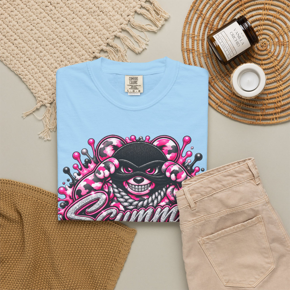 Unisex Garment-Dyed T-shirt-PINK CAMO MASK LOGO GLOCK -SCUMMIEBEARZ™
