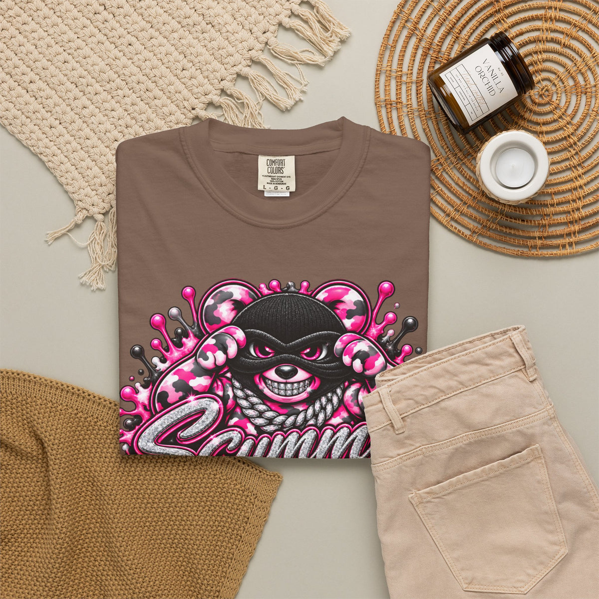 Unisex Garment-Dyed T-shirt-PINK CAMO MASK LOGO GLOCK -SCUMMIEBEARZ™