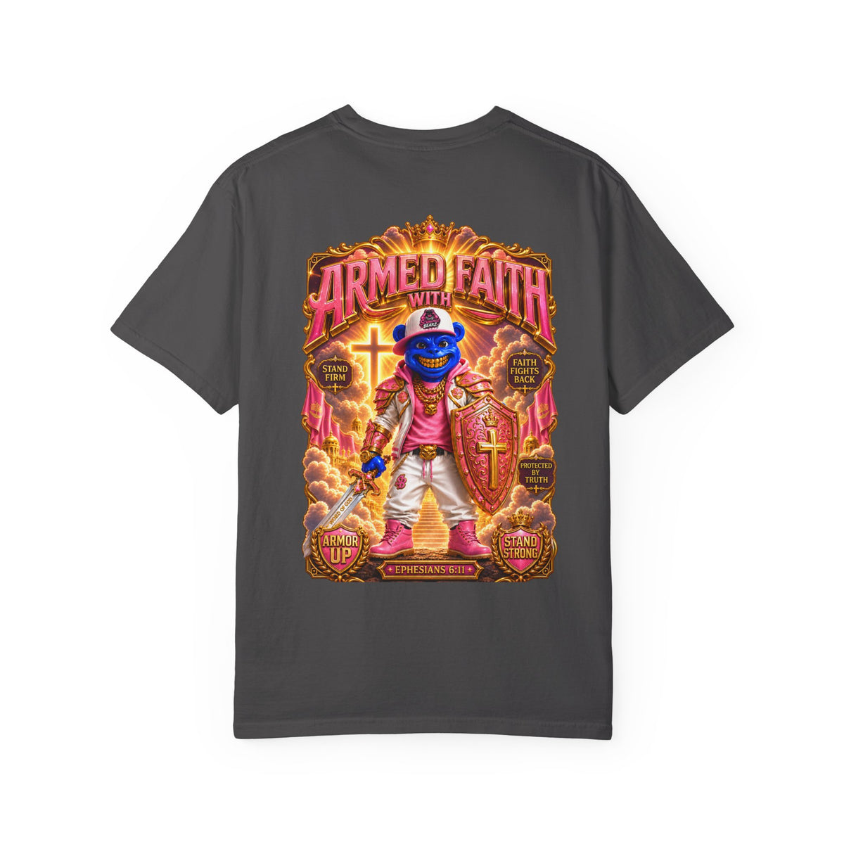 Unisex Garment-Dyed T-shirt-BLUE&PINK CROWN SB LOGO ARMED WITH FAITH-SCUMMIEBEARZ™