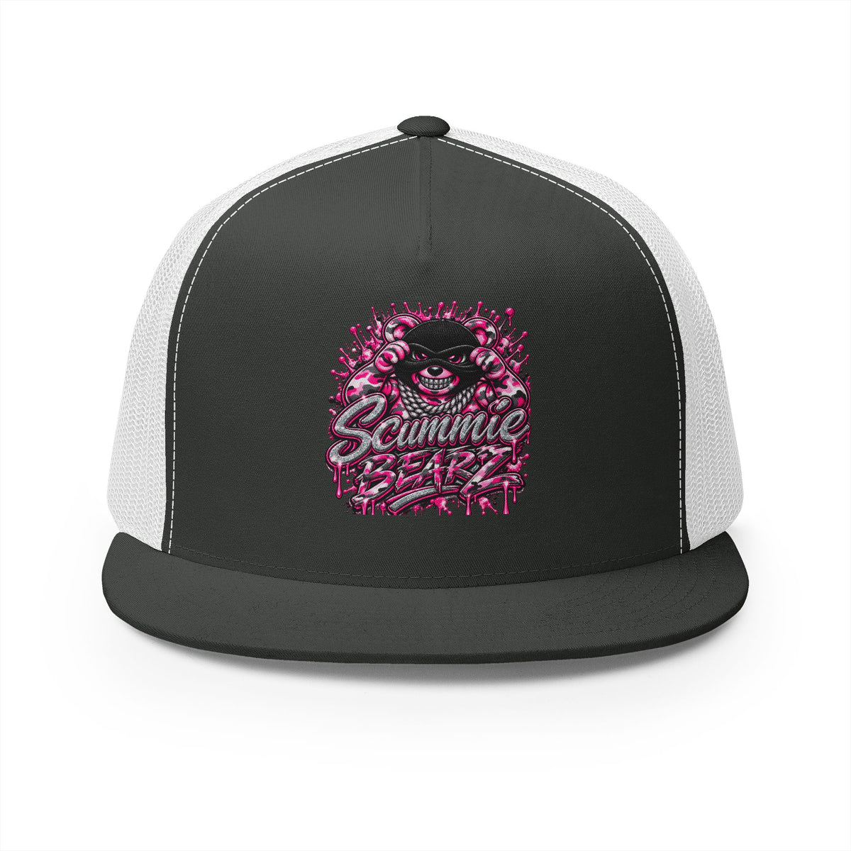 5 Panel Trucker Cap-PINK CAMOUFLAGE WITH SILVER MASK LOGO-SCUMMIEBEARZ™