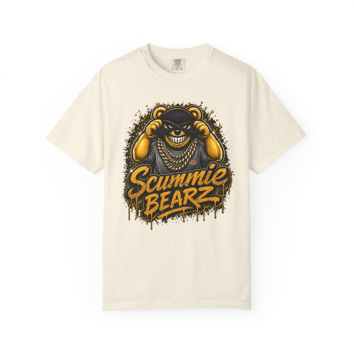 Unisex Garment-Dyed T-shirt-GOLD MASK LOGO & BANK HEIST GRAPHIC DESIGN -SCUMMIEBEARZ™