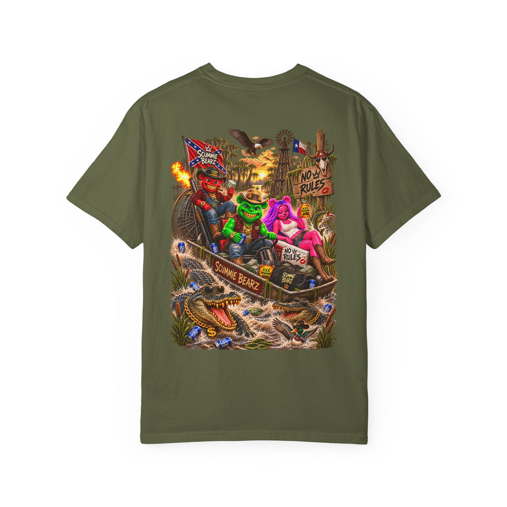 Unisex Garment-Dyed T-shirt-CROWN MASK LOGO HILLBILLY AIRBOAT -SCUMMIEBEARZ™