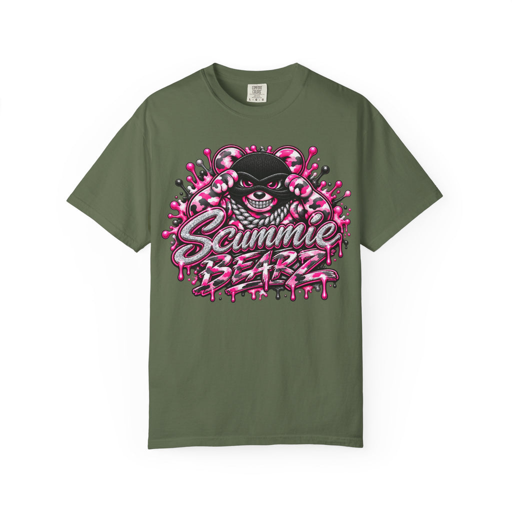 Unisex Garment-Dyed T-shirt-PINK CAMO MASK LOGO GLOCK -SCUMMIEBEARZ™