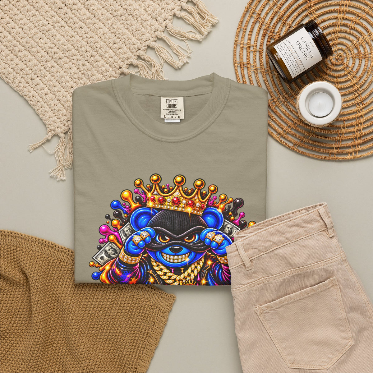 Unisex Garment-Dyed T-shirt-BLUE&PINK CROWN MASK LOGO MONEY GLOCK CROWN SB LOGO-SCUMMIEBEARZ™