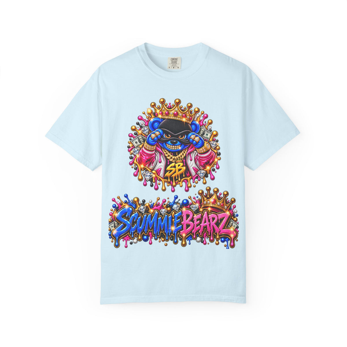 Unisex Garment-Dyed T-shirt-BLUE&PINK CROWN MASK LOGO PRAY BIG -SCUMMIEBEARZ™