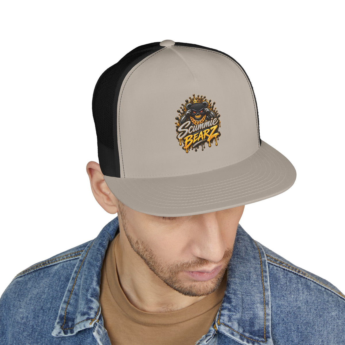 5 Panel Trucker Cap-SILVER/GOLD MASK LOGO-SCUMMIEBEARZ™