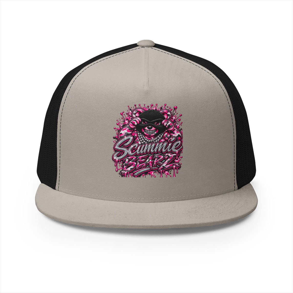 5 Panel Trucker Cap-PINK CAMOUFLAGE WITH SILVER MASK LOGO-SCUMMIEBEARZ™