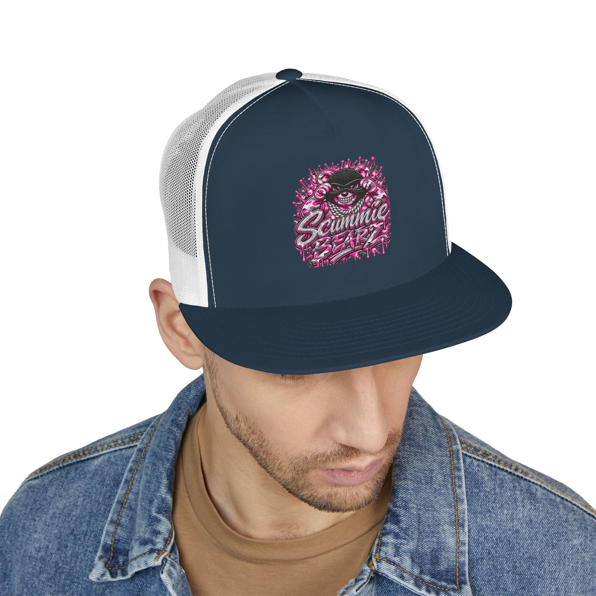 5 Panel Trucker Cap-PINK CAMOUFLAGE WITH SILVER MASK LOGO-SCUMMIEBEARZ™