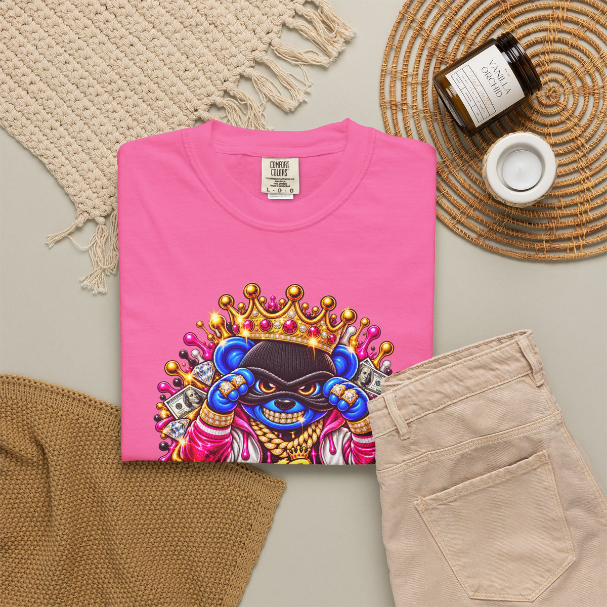 Unisex Garment-Dyed T-shirt-BLUE&PINK CROWN MASK LOGO PRAY BIG -SCUMMIEBEARZ™