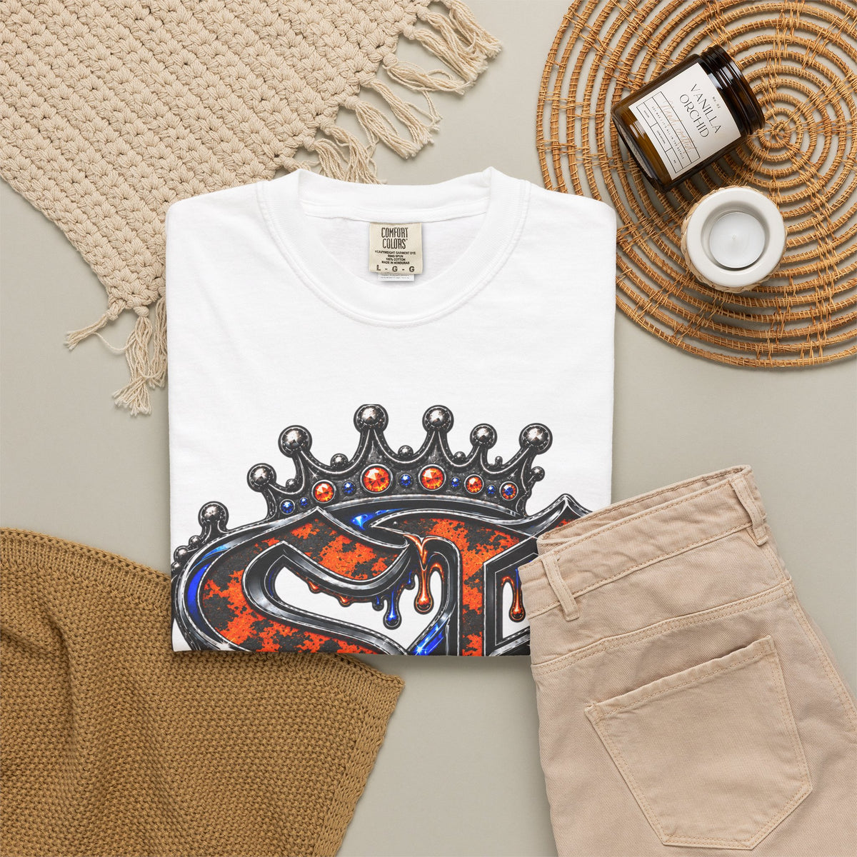 Unisex Garment-Dyed T-shirt-ORANGE&BLUE SB CROWN LOGO&TRAP STAR -SCUMMIEBEARZ™