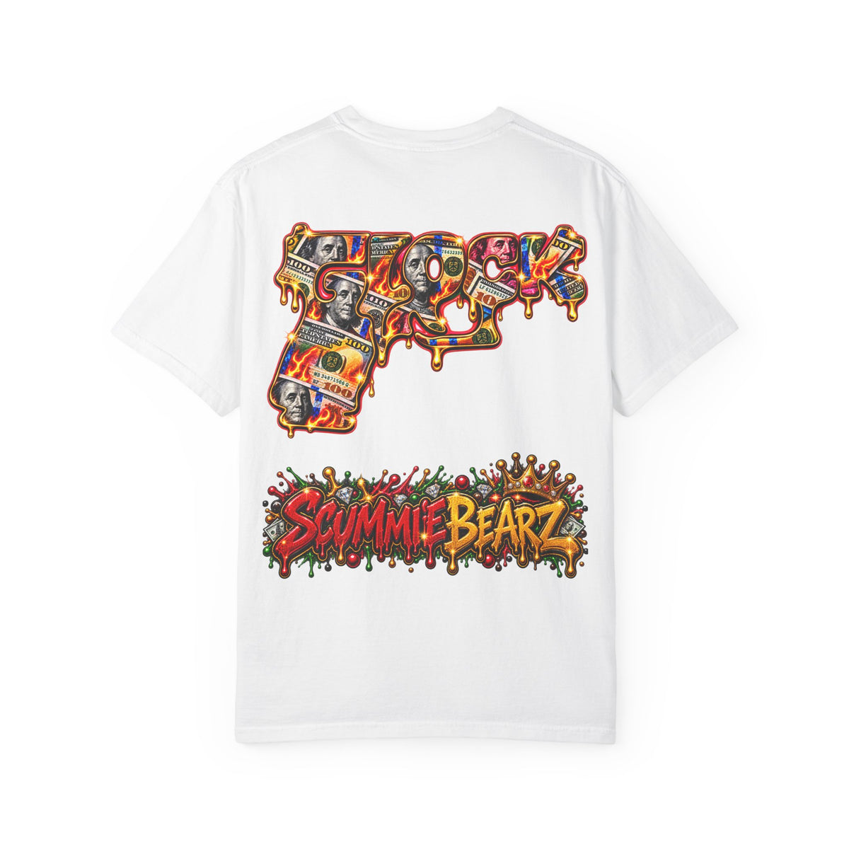 Unisex Garment-Dyed T-shirt-RED&GOLD CROWN MASK LOGO MONEY GLOCK -SCUMMIEBEARZ™