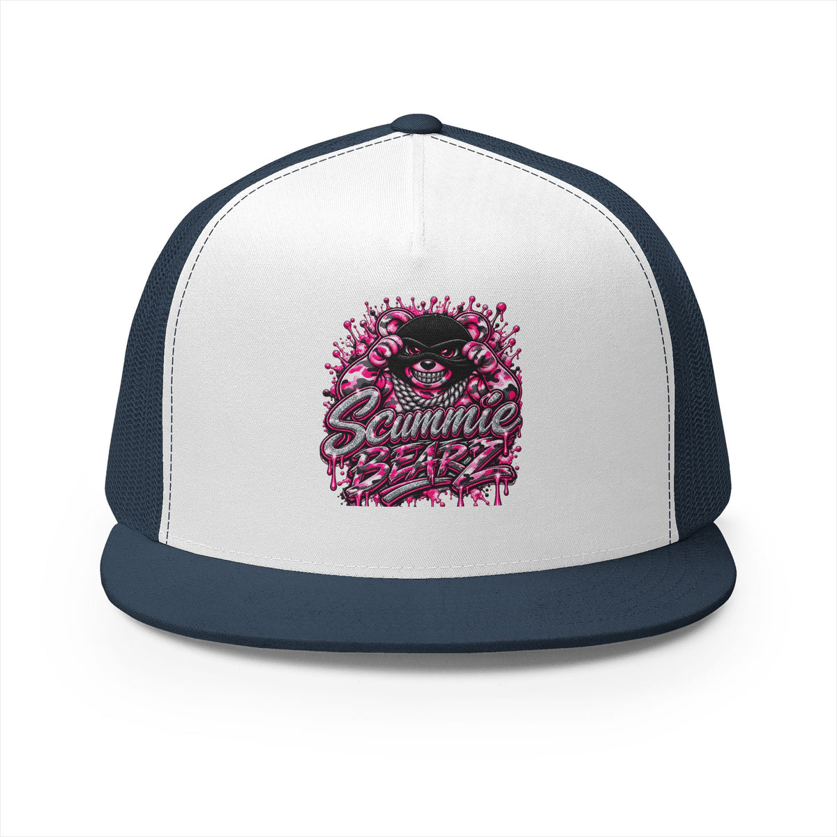 5 Panel Trucker Cap-PINK CAMOUFLAGE WITH SILVER MASK LOGO-SCUMMIEBEARZ™