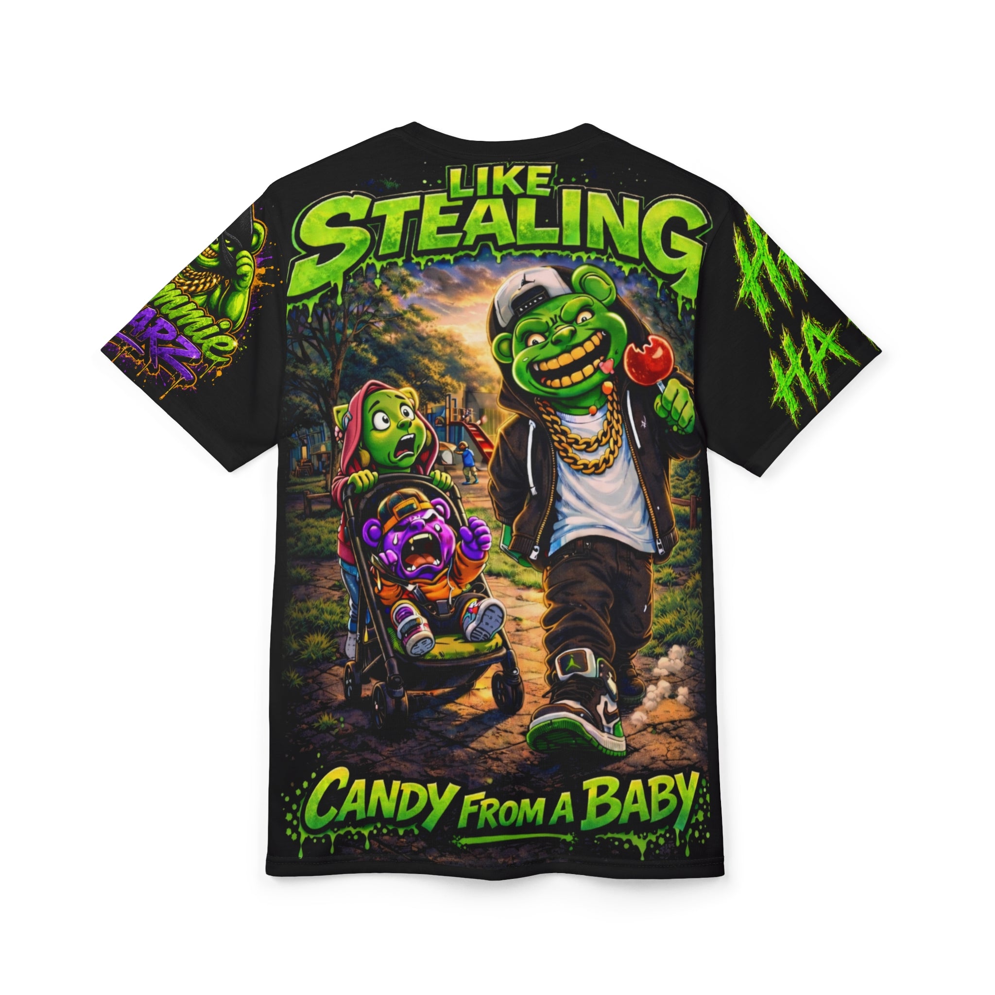 SCUMMIE BEARZ "Like Stealing Candy From a Baby" Green AOP Edition Unisex Graphic Tee