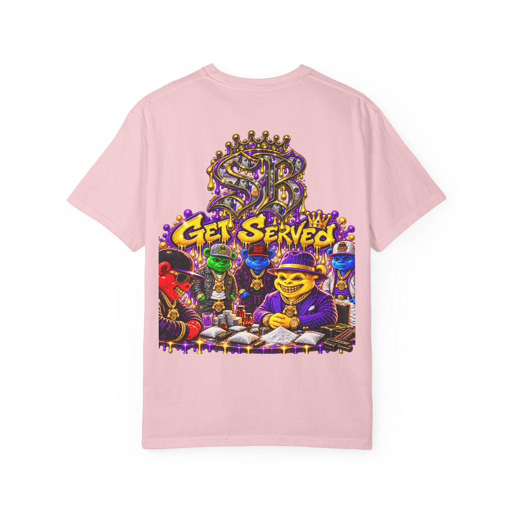 Unisex Garment-Dyed T-shirt-PURPLE&GOLD CROWN MASK LOGO GET SERVED CROWN SB LOGO-SCUMMIEBEARZ™