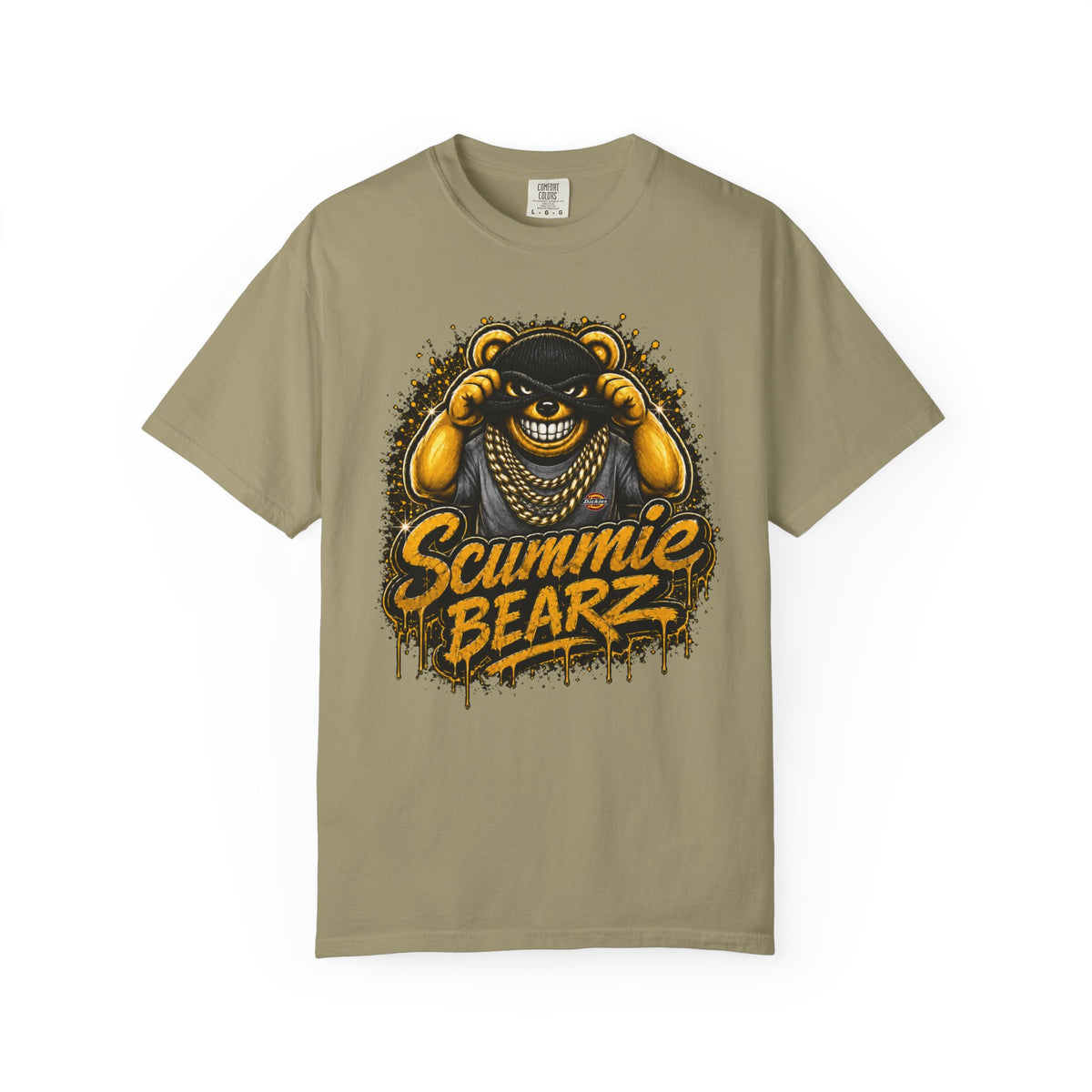 Unisex Garment-Dyed T-shirt-GOLD MASK LOGO & BANK HEIST GRAPHIC DESIGN -SCUMMIEBEARZ™