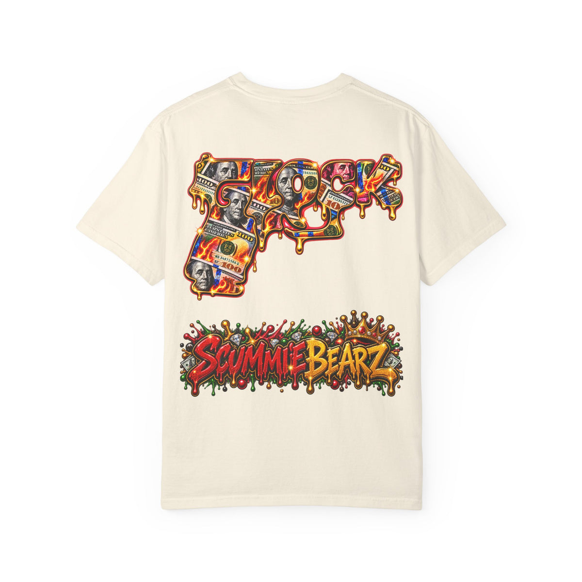 Unisex Garment-Dyed T-shirt-RED&GOLD CROWN MASK LOGO MONEY GLOCK -SCUMMIEBEARZ™