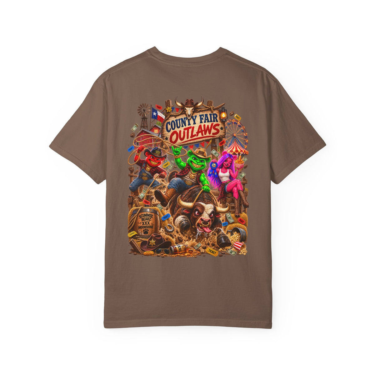 Unisex Garment-Dyed T-shirt--HILLBILLY COUNTY FAIR OUTLAWS/CROWN SB LOGO-SCUMMIEBEARZ™️