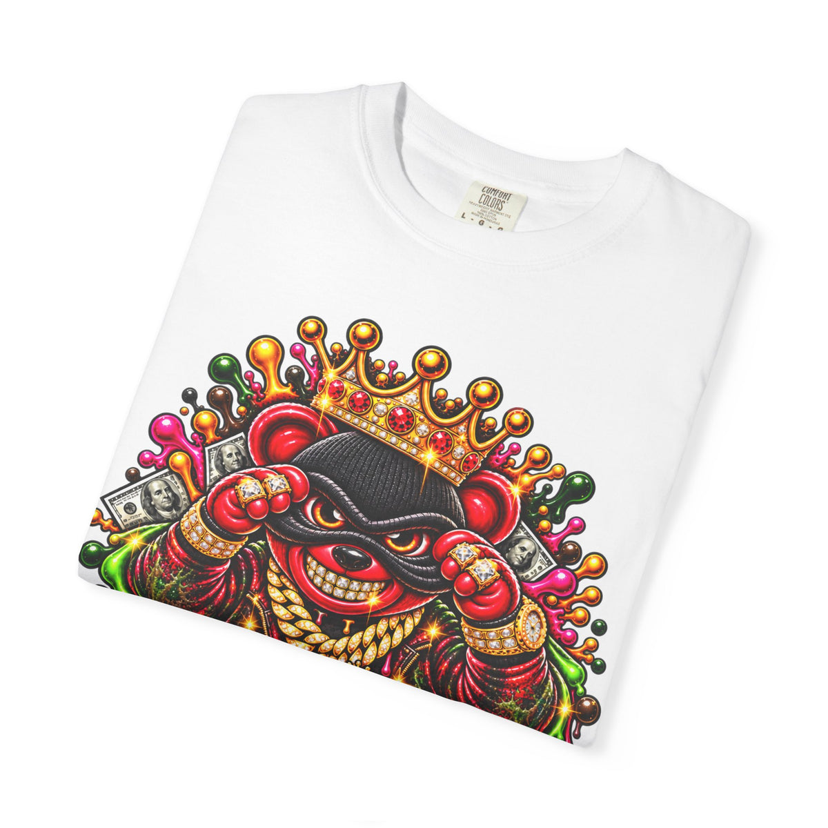 Unisex Garment-Dyed T-shirt-RED&GOLD CROWN MASK LOGO MONEY GLOCK -SCUMMIEBEARZ™