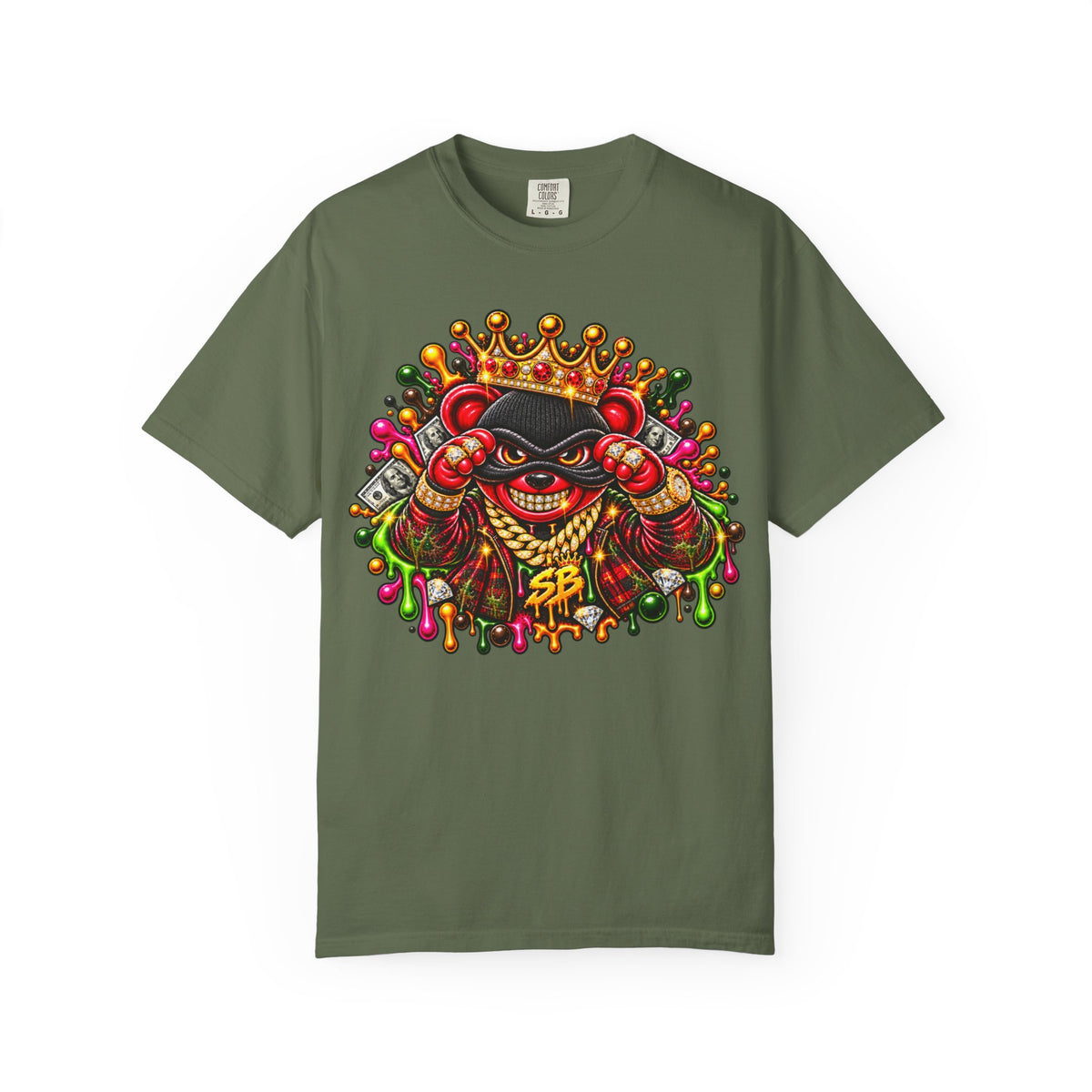 Unisex Garment-Dyed T-shirt-RED&GOLD CROWN MASK LOGO MONEY GLOCK -SCUMMIEBEARZ™