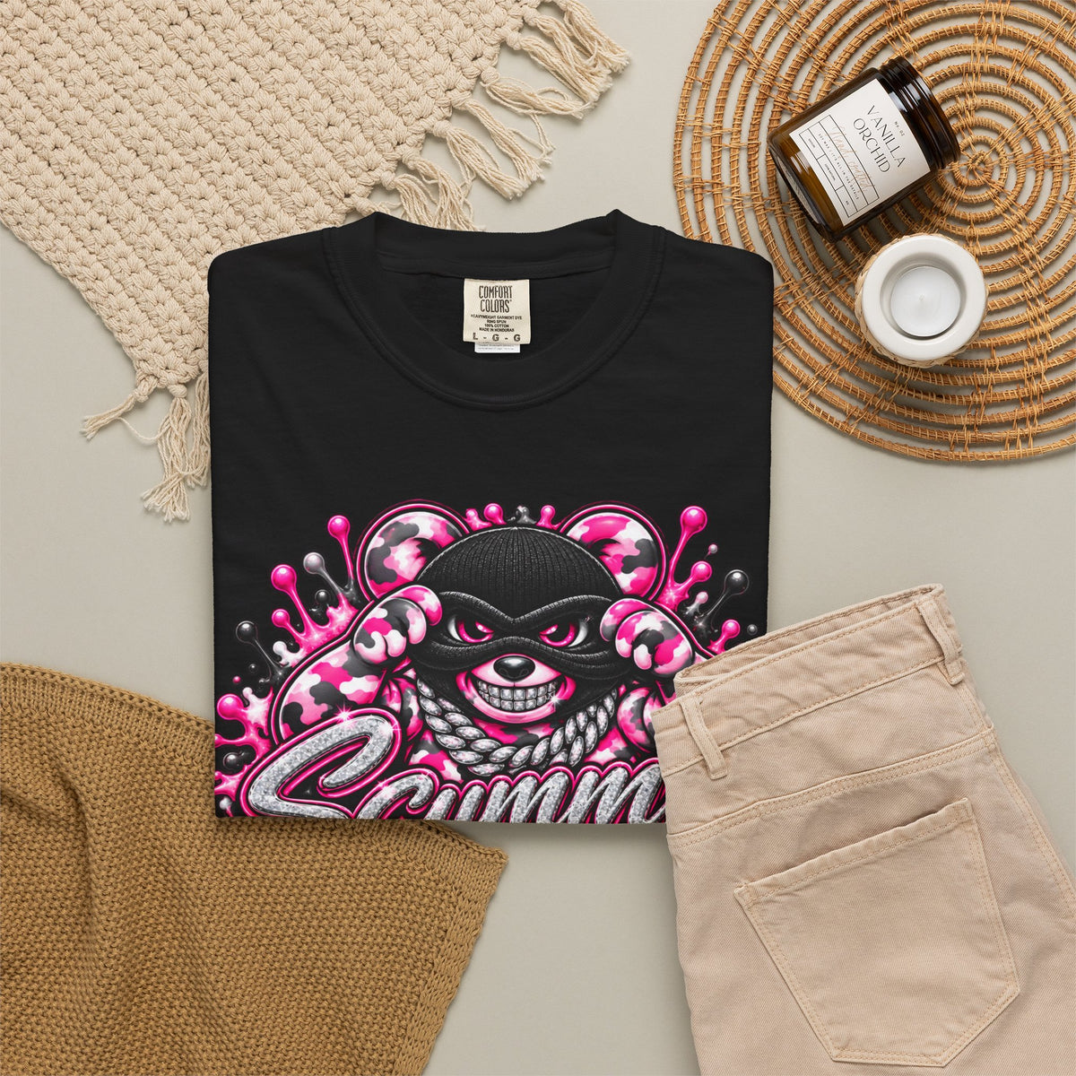 Unisex Garment-Dyed T-shirt-PINK CAMO MASK LOGO GLOCK -SCUMMIEBEARZ™