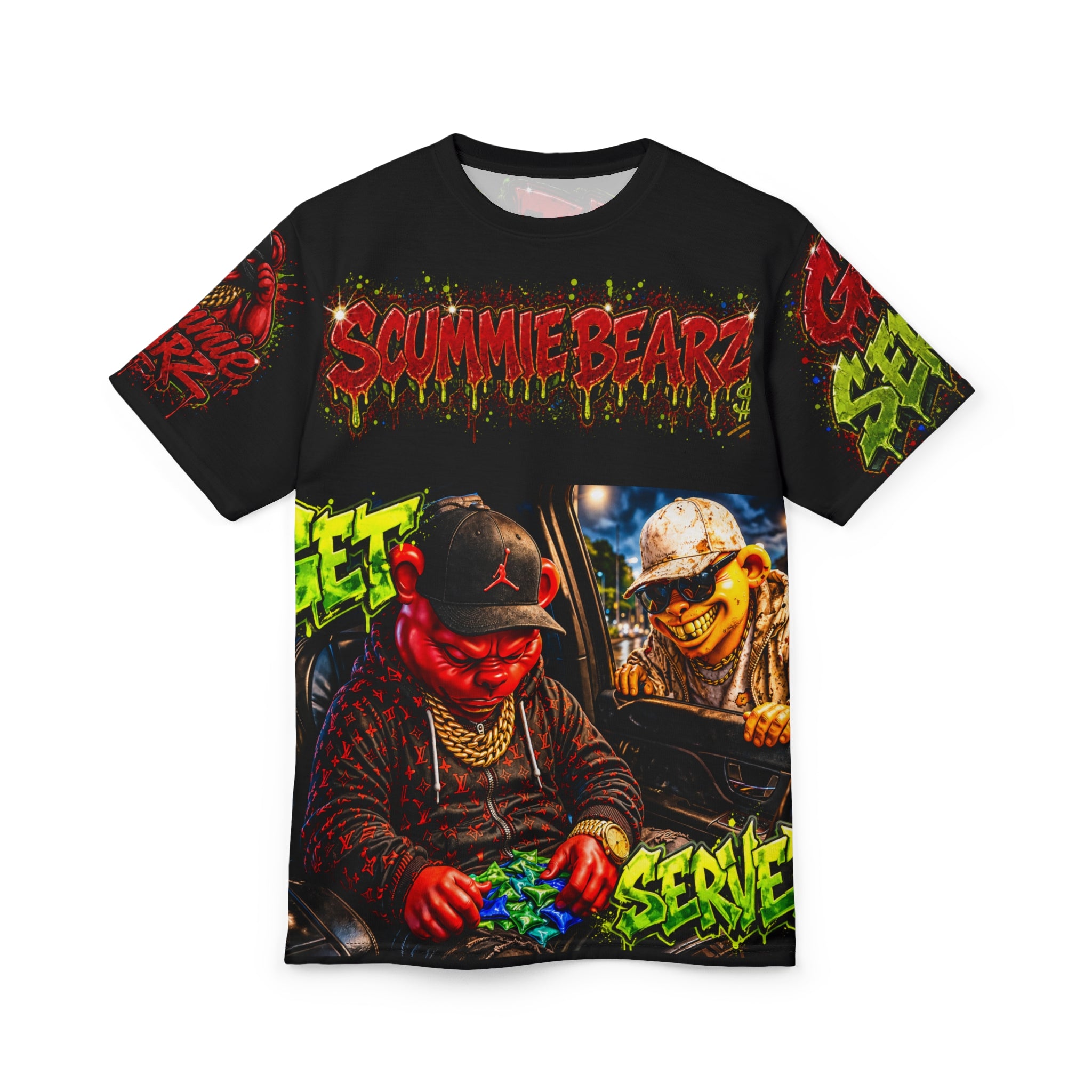 SCUMMIEBEARZ GET SERVED™ – WHAT YOU NEED I GOT IT | BLOOD MONEY™ COLLECTION | AOP EDITION Unisex Streetwear Tee