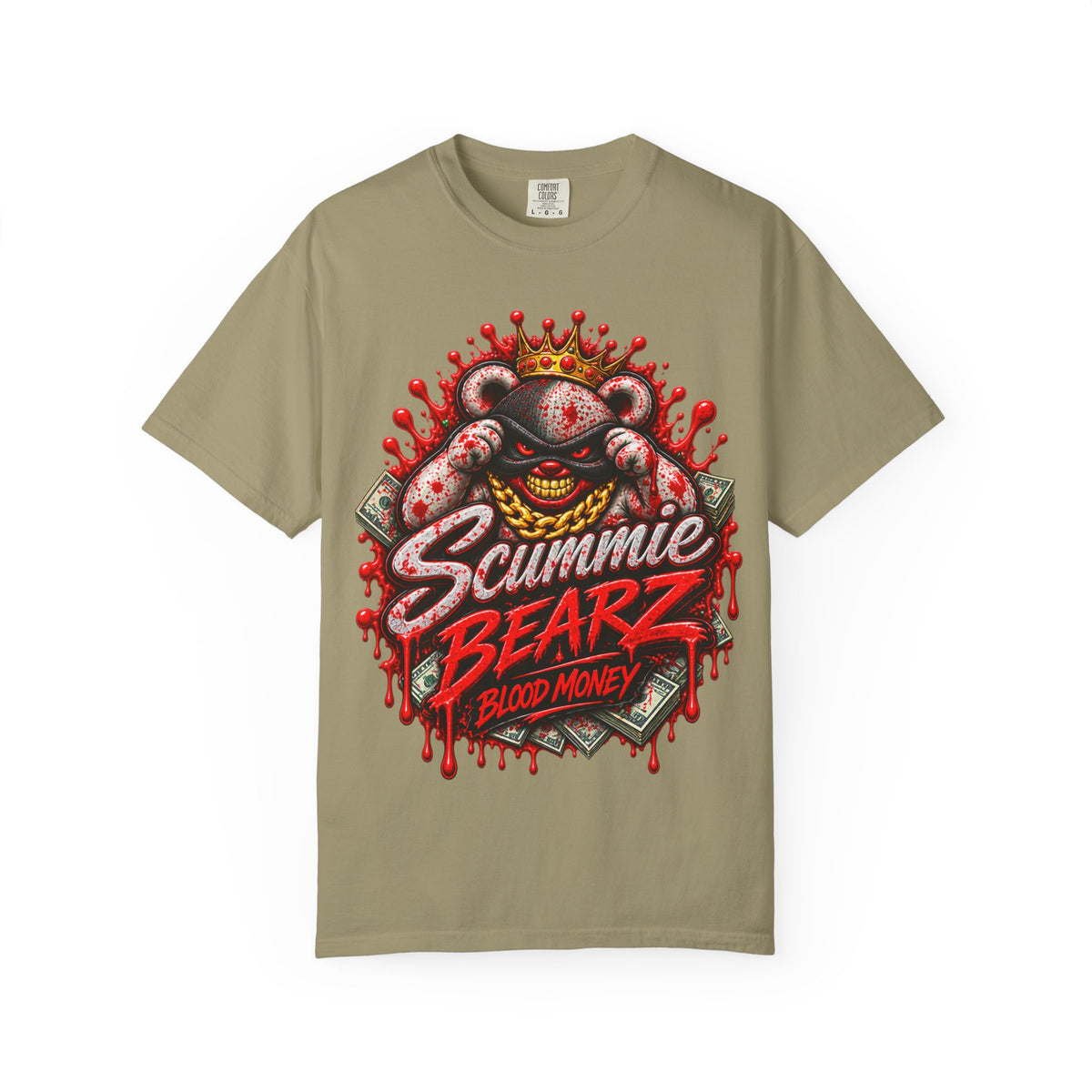 Unisex Garment-Dyed T-SHIRT-BLOOD MONEY GLOCK/SB LOGO/MASK LOGO-SCUMMIEBEARZ™
