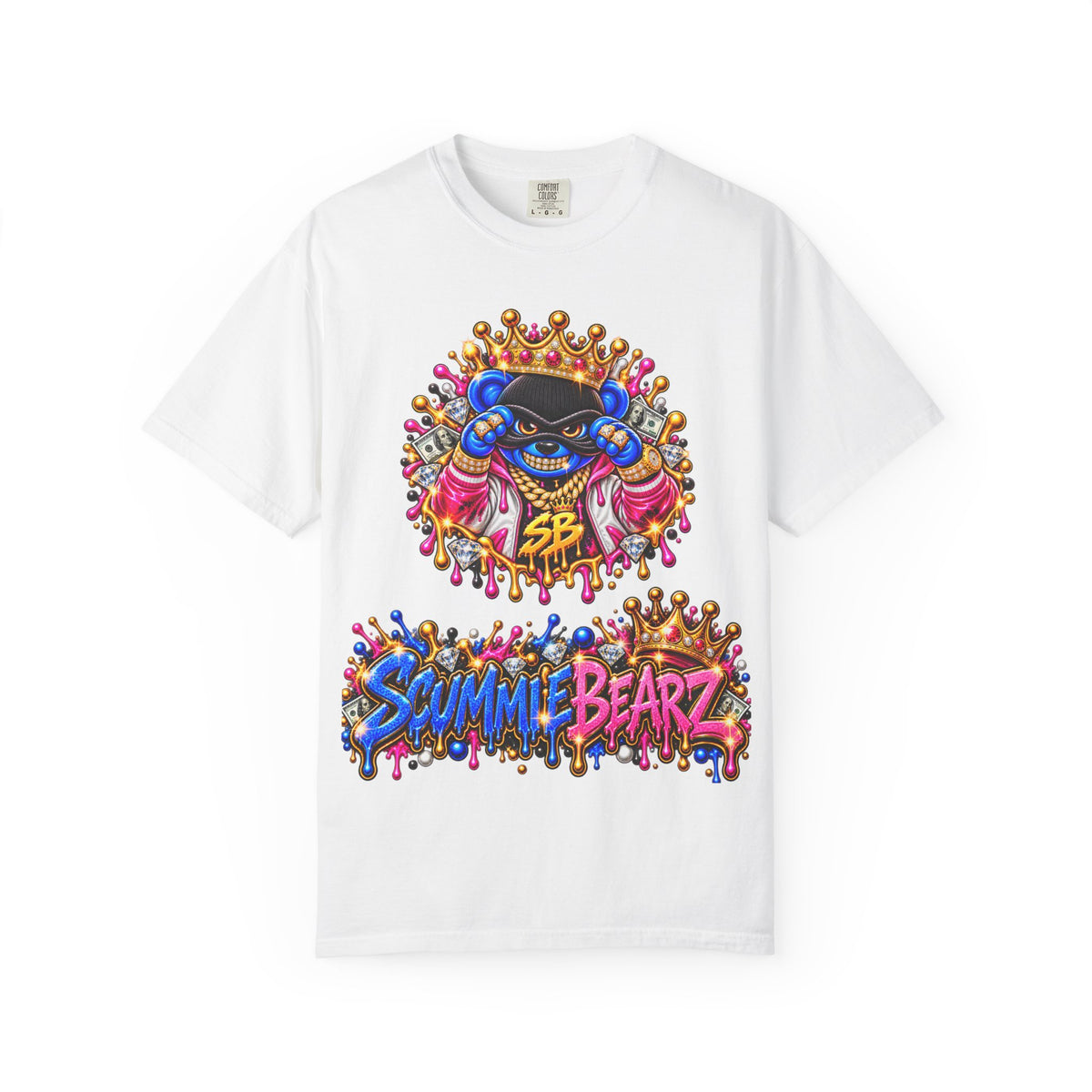 Unisex Garment-Dyed T-shirt-BLUE&PINK CROWN MASK LOGO PRAY BIG -SCUMMIEBEARZ™
