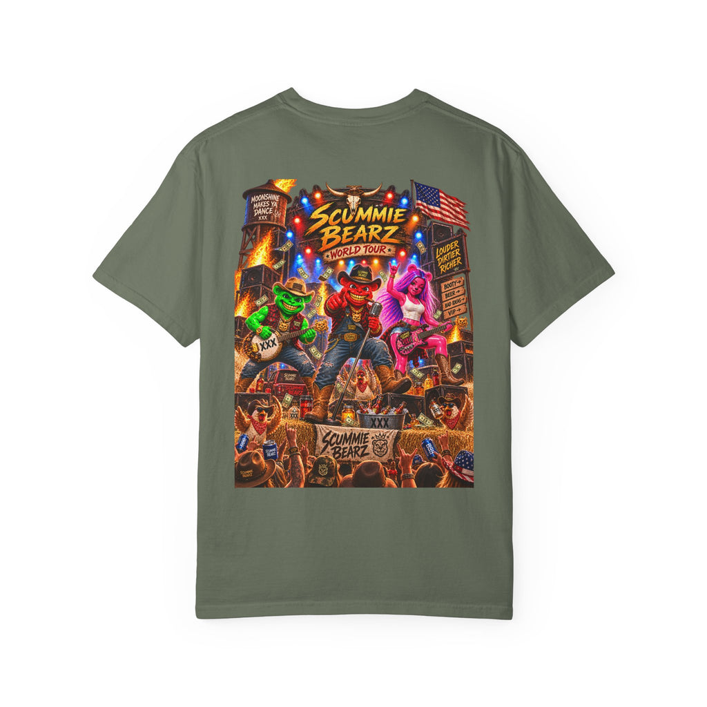 Unisex Garment-Dyed T-shirt--HILLBILLY WORLD TOUR/CROWN SB LOGO-SCUMMIEBEARZ™️