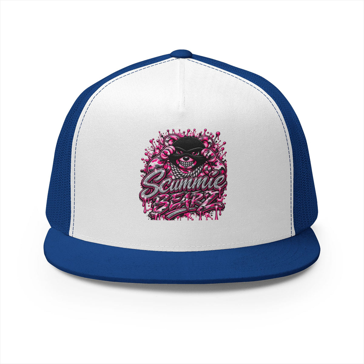 5 Panel Trucker Cap-PINK CAMOUFLAGE WITH SILVER MASK LOGO-SCUMMIEBEARZ™